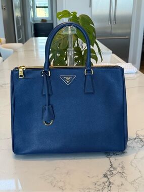 Prada Blue Saffiano Leather Satchel with Gold Hardware